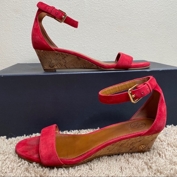 Tory Burch Savannah Wedge Red Suede Sandal Size 8 - Picture 5 of 10